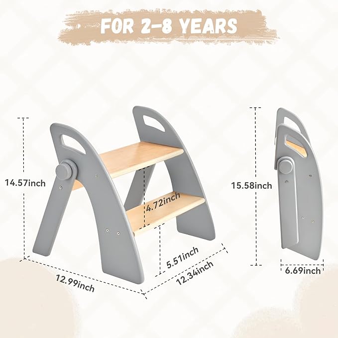 Wooden 2 Step Stool for Kids Bathroom Sink Foldable Anti-Slip 2-Step for Toilet - Image 4