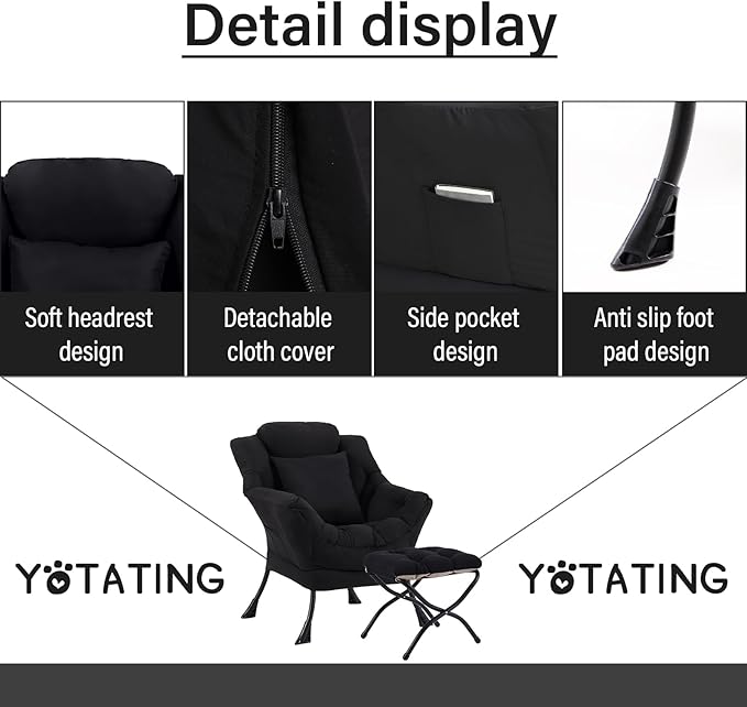 Lazy Chair with Ottoman, Comfy Reading Chair with Footstool & Pillow Modern - Image 4