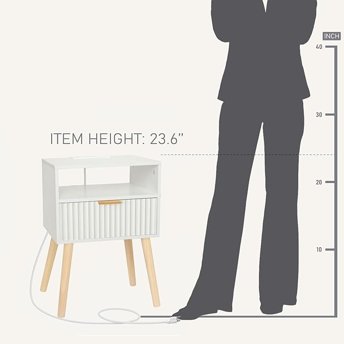White Nightstand with Charging Station, Modern Bedside Table with Drawer and - Image 7