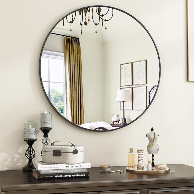 Black Round Bathroom Mirror, 20 inch Circle Wall Mounted Hanging Mirror by VooBang