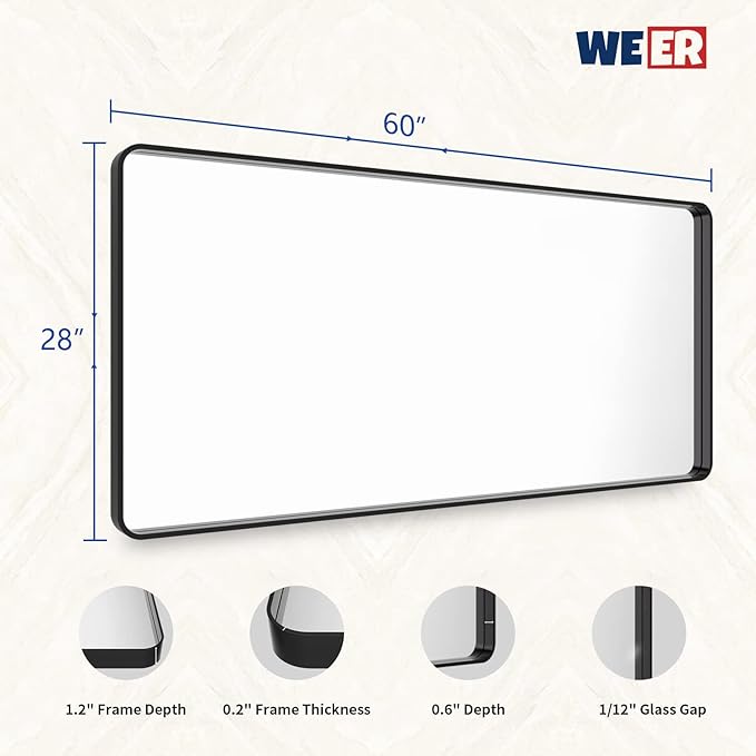 WEER Black Metal Framed Mirror, 60X28 Inch Rectangular Matte Black Wall Mirror - Image 6