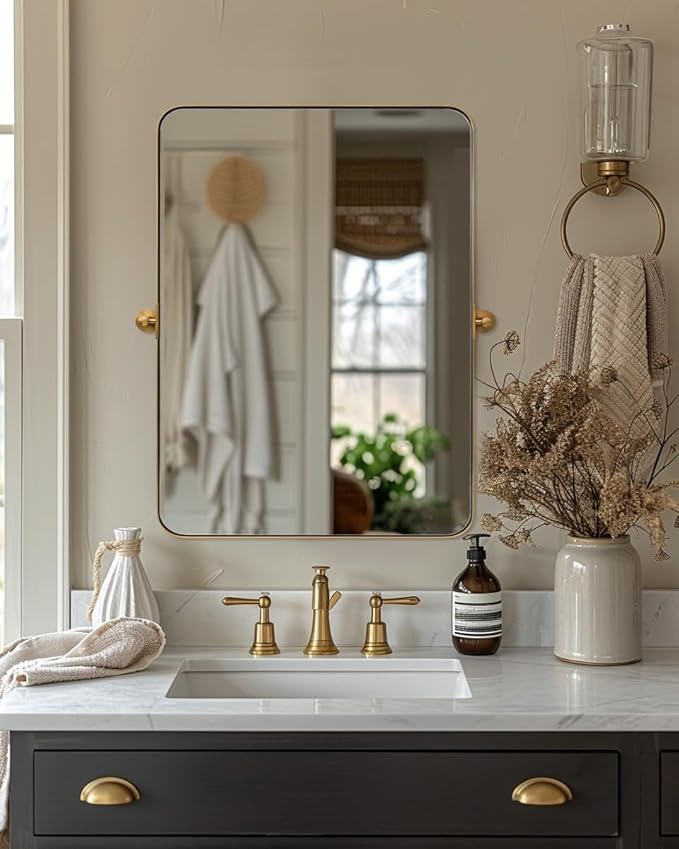 MOON MIRROR Brushed Gold Pivot Mirror, Brass Tilt Vanity Rectangle by MOONMIRROR