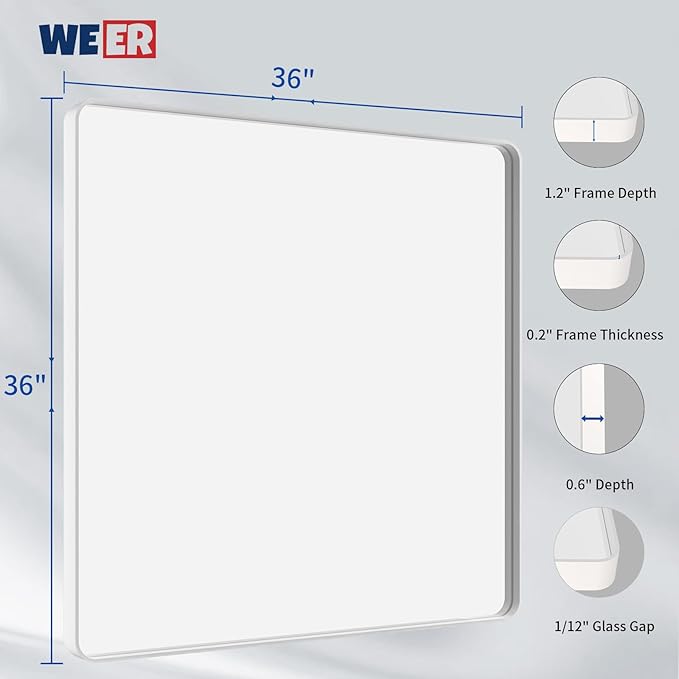 WEER White Bathroom Mirror 36X36 Inch, Rounded Rectangle White Metal Frame - Image 6