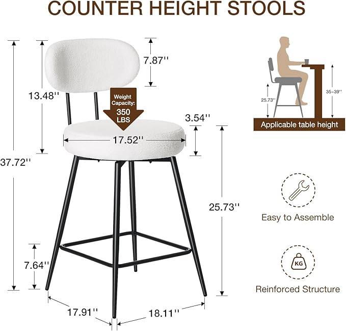 HOMMPA Counter Height Swivel Bar Stools Set of 2 Boucle Barstools 26'' - Image 2