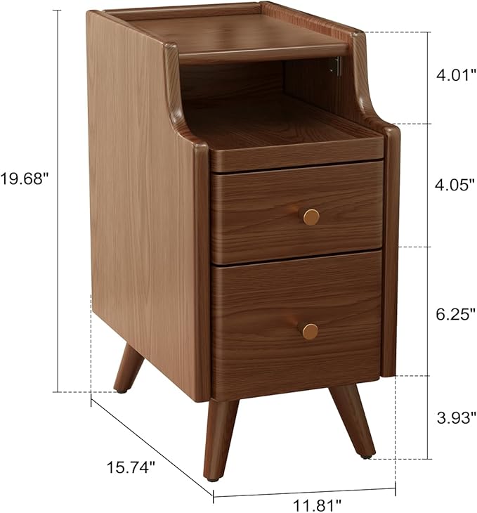 Small Nightstand with Drawers, Solid Wood Bedside Table, Narrow Walnut - Image 2