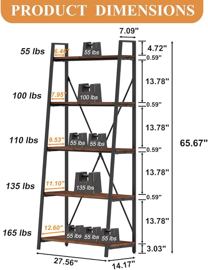 BON AUGURE Ladder Shelf Bookcase, 5-Tier Industrial Ladder Bookshelf, Tall - Image 2