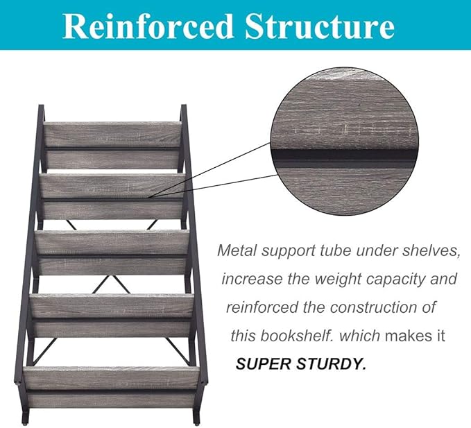 BON AUGURE Industrial Bookshelf, Etagere Bookcases and Book Shelves 5 Tier - Image 3