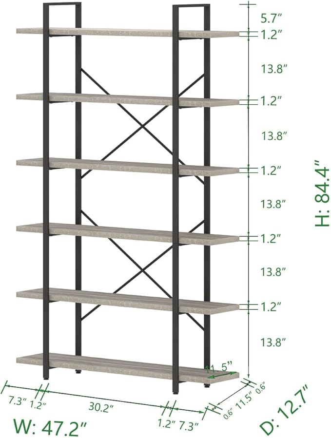 HSH 6 Tier Tall Bookshelf, Metal Wood Vertical Display Book Shelf, Industrial 6 - Image 8