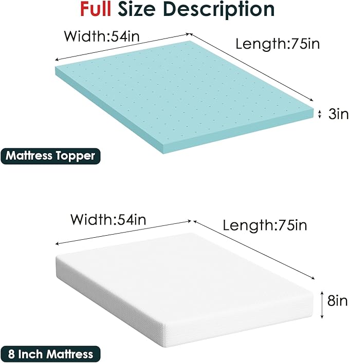 FDW | 8" Full Mattress + 3" Cooling Mattress Topper | Gel Memory Foam | Medium - Image 2