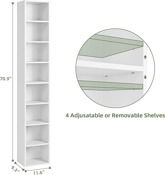 Bamjoy 71 Inches Tall Narrow Bookshelf, 8-Tier CD DVD Slim Media Tower Rack - Image 3