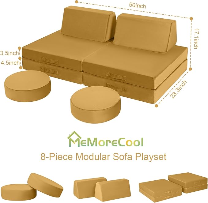 MeMoreCool Modular Kids Couch Sofa, Mustard 8-Piece Convertible Foam Play Couch - Image 7