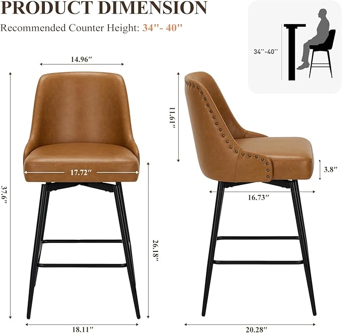 COLAMY Bar Stools Set of 2, 26.18" Counter Height Swivel Stools - Image 2