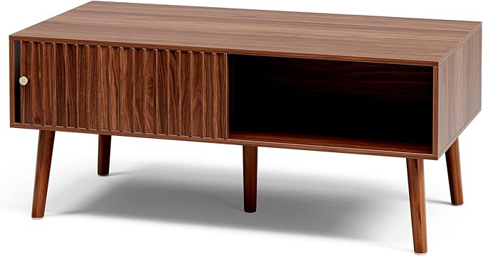 Coffee Table with Storage, Mid Century Dining Table with Sliding Fluted Door - Image 7
