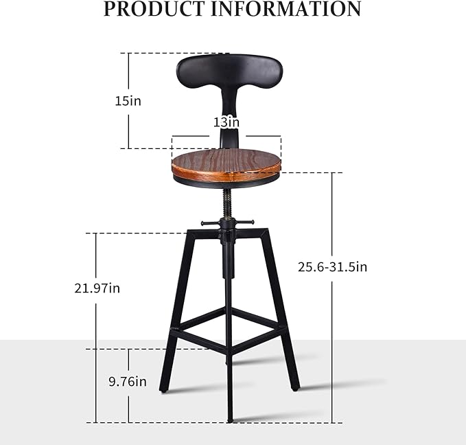 Diwhy Industrial Bar Stools, Kitchen Dining Chair, Wood Top Stool, Adjustable - Image 2