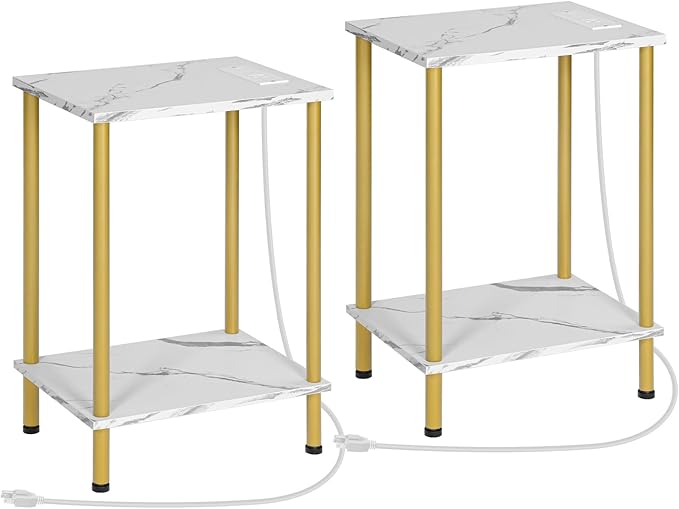 HOOBRO Side Table with Charging Station, Nightstand with 2-Layer Storage Shelves by HOOBRO