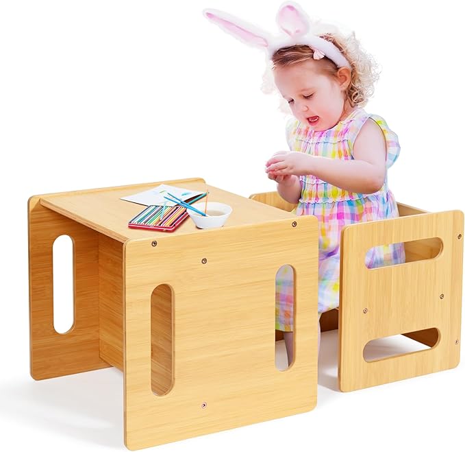 Kids Table and Chair Set, Montessori Weaning Table and Chair, Natural Bamboo by Ollieroo