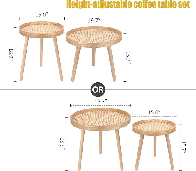 Round Coffee Table Set of 2, Natural Boho Side Table, Small Mid Century Modern - Image 3