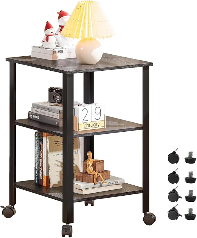 Side Table, End Table with Wheels, Printer Stand with 3-Tier Storage, Bedside by AoLei