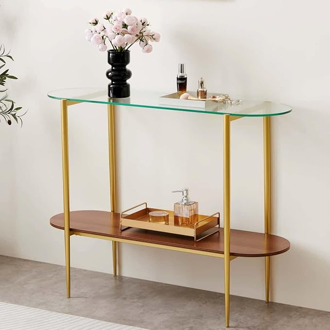 Oval Glass Console Table for Living Room, Foyer & Entrance, 2-Tiers Mid-Century - Image 3