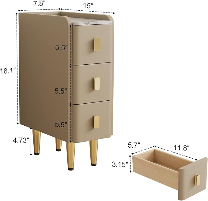 Narrow Nightstand with Drawers, Narrow Side Table Leather, Small Bedside Tables - Image 2