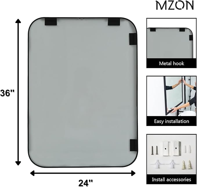 MZON 24x36 Inch Matte Black Bathroom Mirror, Rounded Rectangle Mirror - Image 4