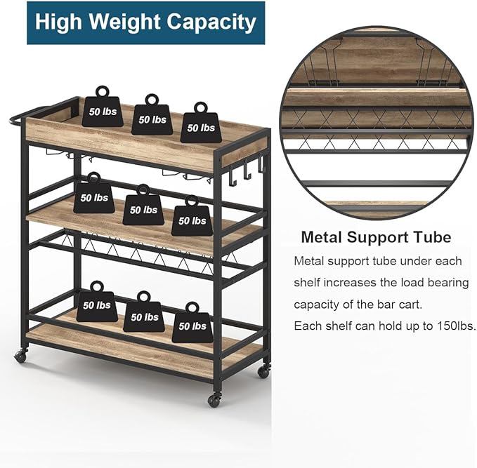 BON AUGURE Bar Cart for The Home, Bar Serving Carts on Wheels, 3 Tier Storage - Image 5