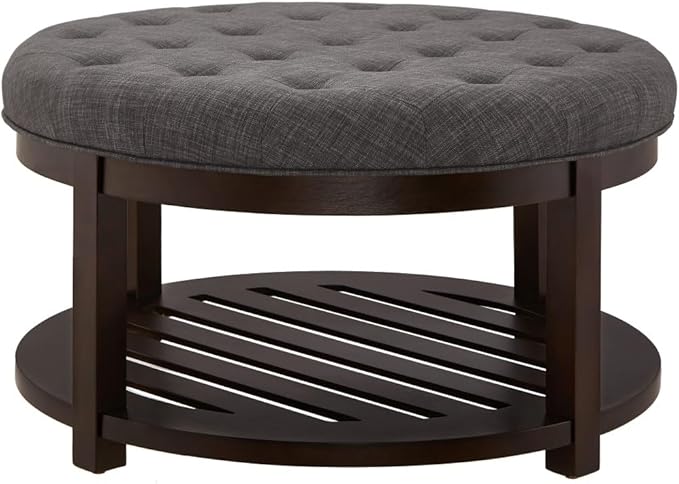 24KF Large Round Upholstered Tufted Linen Ottoman Coffee Table, Large Footrest - Image 4