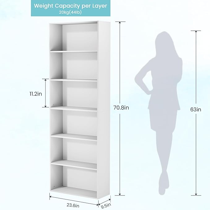 71" Tall Bookcase, 6-Tier Open Display Storage Shelves, Floor Standing Large - Image 2
