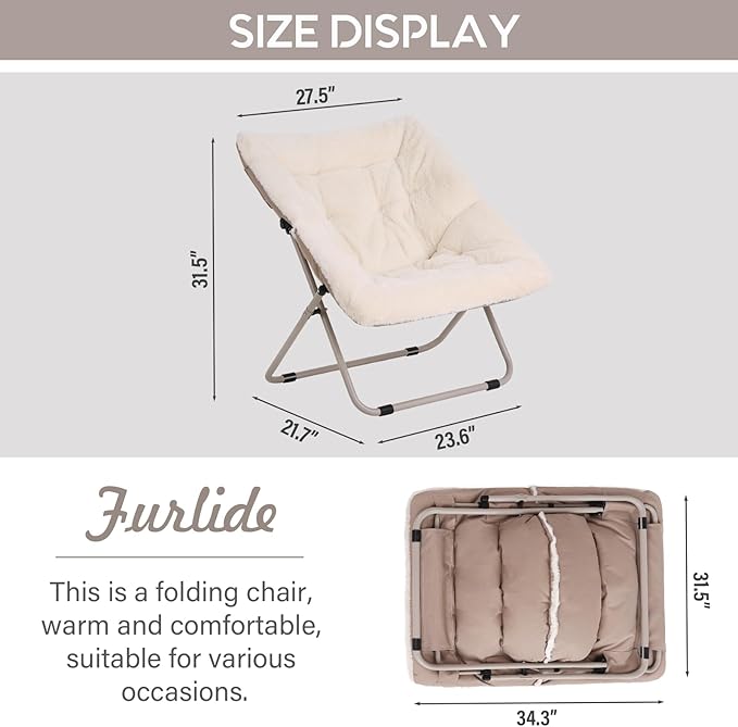 Saucer Chair, Comfy Bedroom Chairs, Oversized Folding Faux Fur Chair, Foldable - Image 3