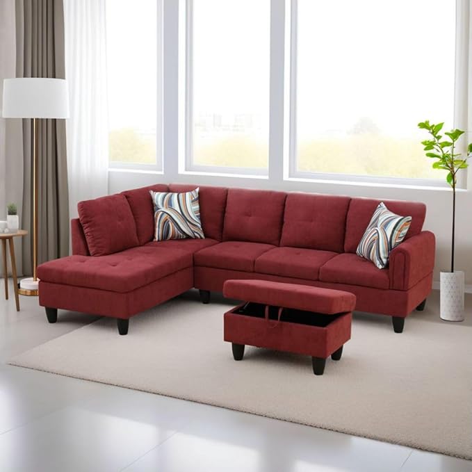 Red L-Shaped 3-Piece Flannel Sofa by Unknown
