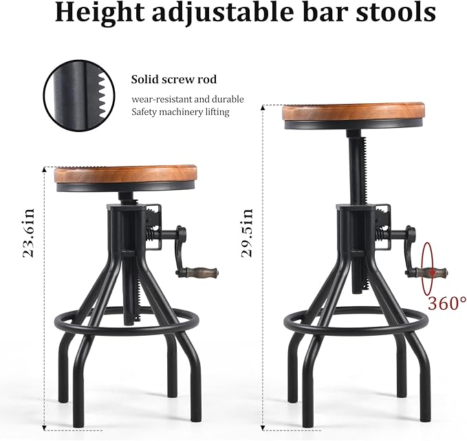 Diwhy Industrial Farmhouse Counter Stool Wooden Seat Height Adjustable - Image 5