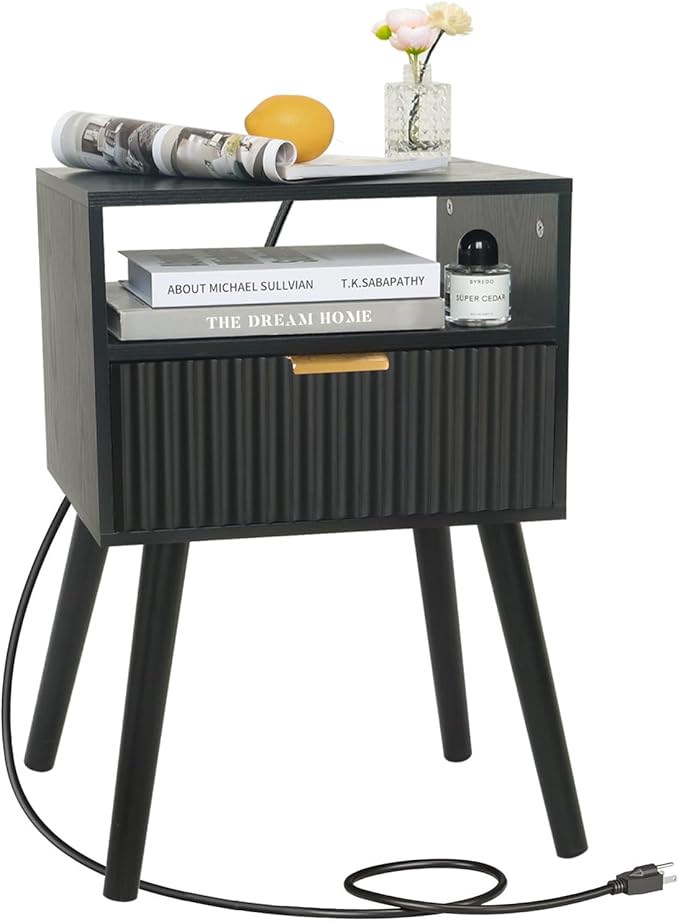 Black Nightstand with Charging Station, Mid Cetury Modern Nightstand with by Fultyle