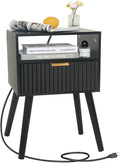 Black Nightstand with Charging Station, Mid Cetury Modern Nightstand with by Fultyle