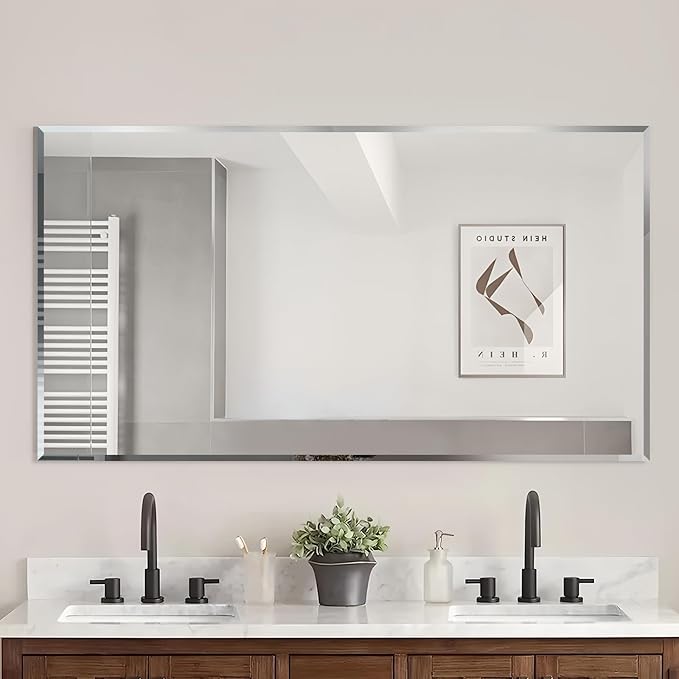 Frameless Beveled Edge Bathroom Mirror 55x30 Inch Rectangle Wall Mirror - Image 8