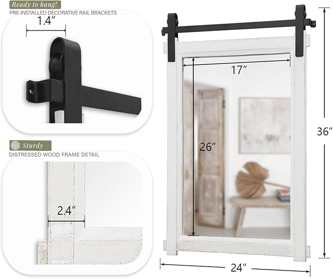 Rustic Barn Door Mirror: 24"x36" White Farmhouse Wood Frame - Image 6
