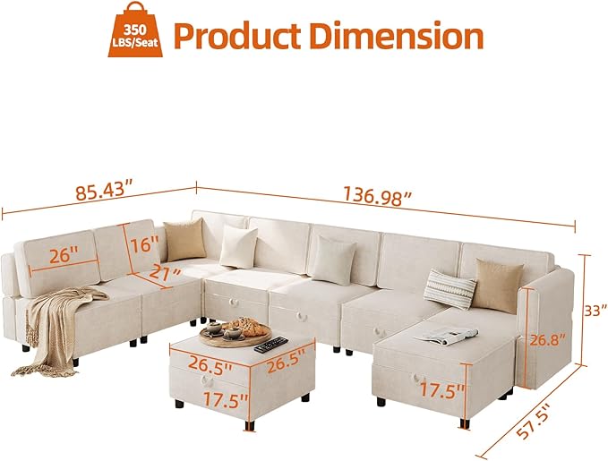 Modular Sectional 9-Seat Sofa, L Shaped Sectional Couch - Image 2