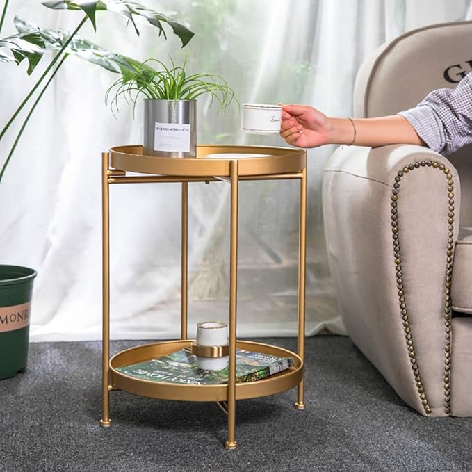 Tiita Round End Table Mental 2-Tier Side Table Nightstand/Small Iron Tables - Image 4