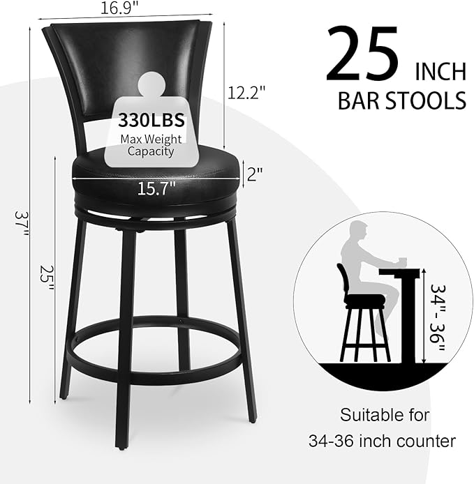 Bar Stools, 25 Inch Metal Counter Height Barstools Set of 2, Faux Leather Round - Image 3