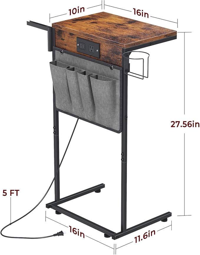 C Shaped End Table with Charging Station, Small TV Tray with Cup Holder and - Image 2