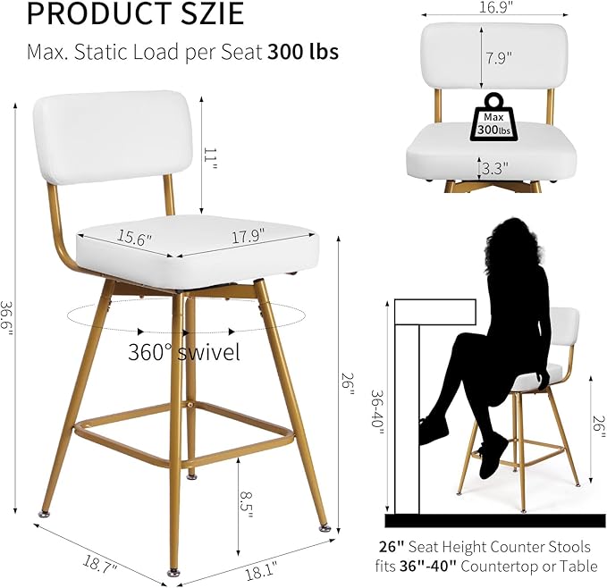 Swivel Counter Height Bar Stools Set of 2, Faux Leather Bar Stools - Image 3