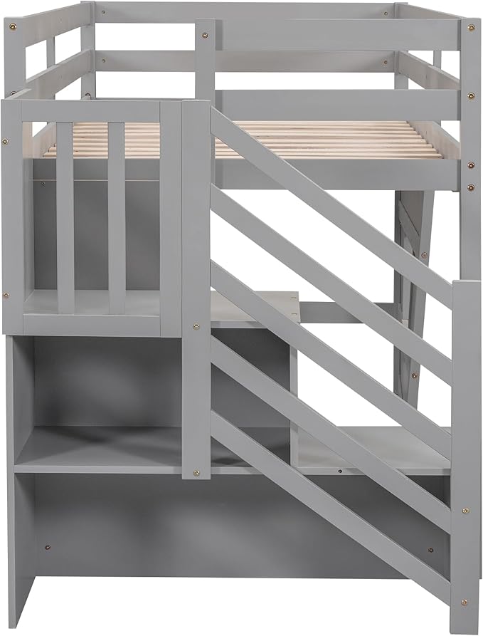 Twin Size Loft Bed with Storage Staircase and Window, Wood Twin Loft Bunk - Image 7