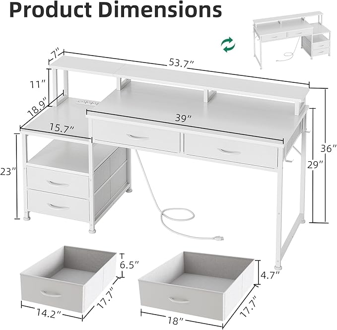 53" Computer Desk with 4 Drawers & Power Outlets, Reversible Home Office Desk - Image 3