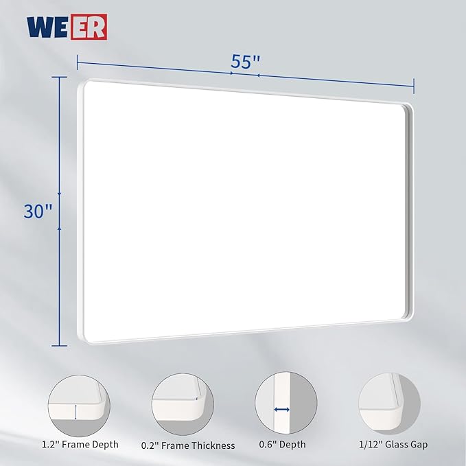 WEER White Bathroom Mirror 55X30 Inch, Rounded Rectangle White Metal Frame - Image 6