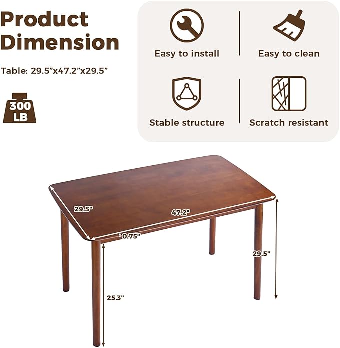 DELAVIN 47.2" Solid Wood Dining Table, Mid Century Modern Wooden Kitchen Table - Image 2
