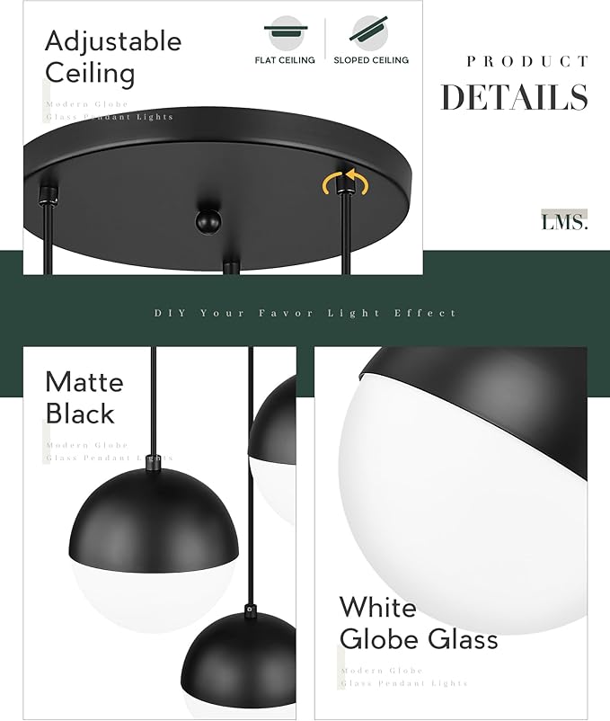 LMS Mid Century 3-Light Cluster Pendant Lights, Matte Black Kitchen Island - Image 3