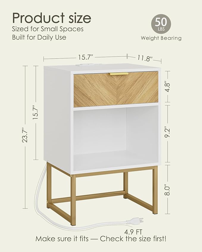 Nightstand with Charging Station, Boho Night Stand Wood Farmhouse Bedside Table - Image 2
