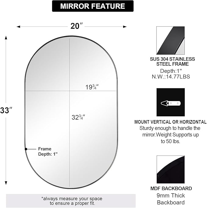 ANDY STAR Black Oval Mirror, 20x33’’ Oval Black Mirror Stainless Steel Metal - Image 3