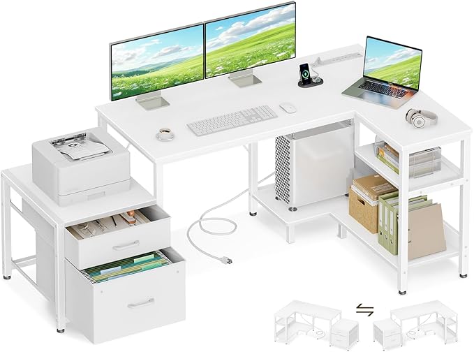 Casaottima L Shaped Desk with Drawers & File Cabinet, Reversible White Computer by Casaottima