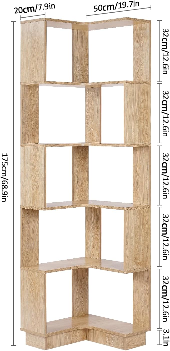 Wooden Corner Bookcase, 5 Tiers Corner Bookshelf 68.9" L-Shaped Storage Display - Image 2