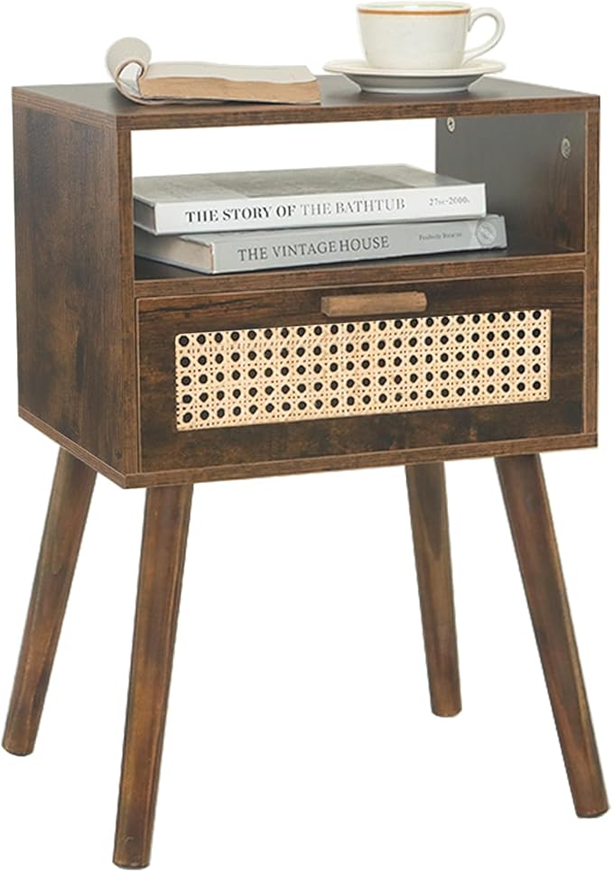 MaxSmeo Mid Century Nightstand, Rattan Side Table by MaxSmeo